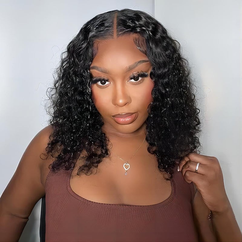 ISEE Wear and Go Glueless Wigs Bob Wigs Human Hair Pre Plucked Water Wave Lace Front Wigs Human Hair Upgraded No Glue Transparent Lace Closure Wigs Human Hair for Women Natural Black 14 Inch - Image 2